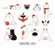 Collection Of Cute Funny Doodles Of Different Cats In Santa Claus Hats. Isolated Objects On White Background. Hand Drawn Vector Illustration. Line Drawing. Design Concept For Christmas Card Invite.