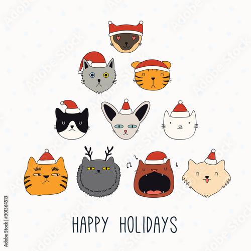 Hand drawn card, banner with cute different cats faces in Santa Claus hats, t...
