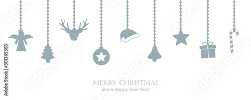 Fotografía christmas greeting card with hanging decoration fir santa cap angel gift candy c