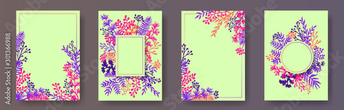 Tropical herb twigs, tree branches, flowers floral invitation cards collectio...