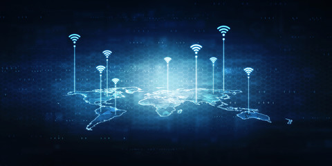 Poster - 2d rendering Red map pointer with world map