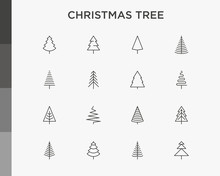 Christmas Tree In Different Shapes. Minimalistic Simple Thin Line Icons Set. Vector Illustration For Greeting Card, Christmas And New Year Decoration.