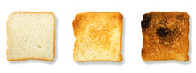 Three Slices Toast Bread Isolated On White With Shadow. Close Up Of Three Images Of Bread On A White Background. Set Of Slices Of Toast Bread Of Different Colors On A White Background.