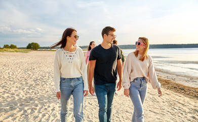 Sticker - friendship, leisure and people concept - group of happy friends walking along beach in summer