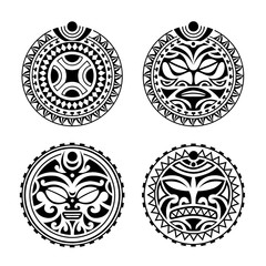 Set of round tattoo ornament with sun face maori style	