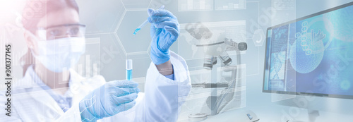 Fotografía scientist holding a test tube in a scientific background, 3d illustration