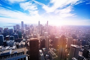 Chicago downtown aerial cityscape and skyscrapers view