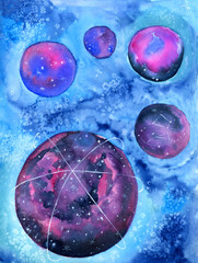 Wall Mural - Watercolor blue cosmos. Pink and lilac planets, constellations and stars. Hand painted illustration.