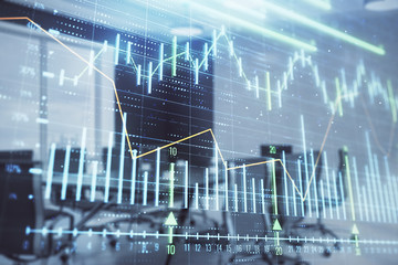 Double exposure of forex chart on conference room background. Concept of stock market analysis