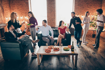 Sticker - Photo of holiday birthday party eight people chatting clinking glasses drink golden wine eating snacks wear formalwear sitting sofa loft room restaurant indoors