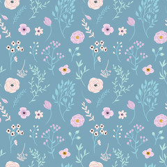 vector floral seamless pattern on blue background with flowers and branches elements. modern design 
