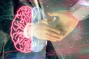 Multi exposure of human brain drawing on abstract background with two men handshake. Concept of data technology in business