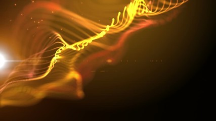 Poster - Lines structure waving with animated particles and lights structure over it. Orange yellow abstract technology and engineering motion background. Depth of field settings. 3D rendering