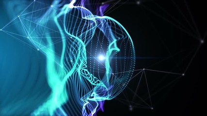 Poster - Particles structure waving with animated plexus structure and light pulse passing over it. Blue abstract technology and engineering motion background. Seamless loop. Depth of field. 3D rendering