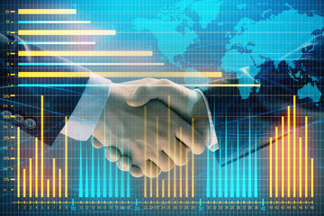 Multi exposure of forex graph and world map on abstract background with two businessmen handshake. Concept of success on international markets