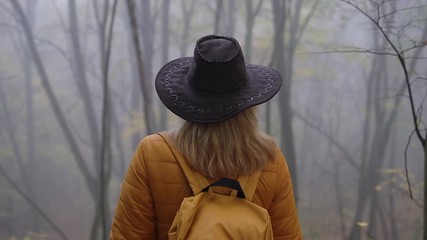 Wall Mural - hiker with hat and backpack looking into misty forest. handheld footage