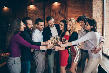 Sticker - Photo of positive beautiful corporate people clinking glasses of alcohol celebrating beginning of vacation in formalwear