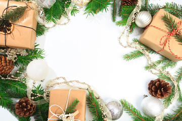 Christmas composition. Gifts, fir tree branches. Christmas, winter, new year concept. Flat lay, top view, copy space - Image