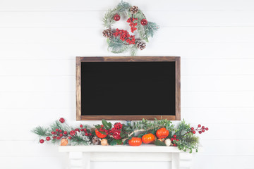 Wall Mural - Christmas Wood Sign Mockup, Empty Frame on a Light Background