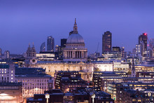 Modern London City Skyline With St Pauls Cathedral At Sunset Night