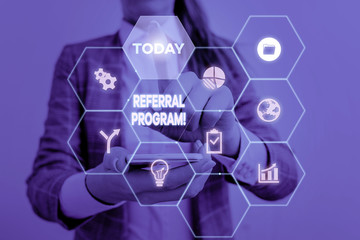 Poster - Handwriting text Referral Program. Conceptual photo employees are rewarded for introducing suitable recruits Woman wear formal work suit present presentation using smart latest device