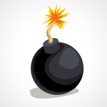 Cartoon Round Bomb With Burning Wick. Vector Illustration.