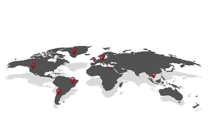 Wall Mural - world map with red pins concept of selected locations on map