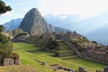 The Beautiful Ruins Of Machu Picchu And In The Background Wayna Picchu. Peru