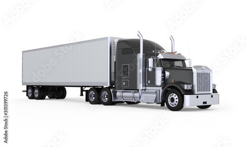 Cuadros en Lienzo Generic American sleeper semi truck with refrigerated semi trailer from the front right side, photo realistic isolated 3D illustration on the white background