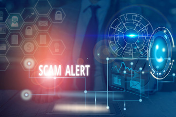 Poster - Handwriting text writing Scam Alert. Conceptual photo unsolicited email that claims the prospect of a bargain Picture photo system network scheme modern technology smart device