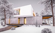 3d rendering of modern cozy house on the hill with garage and pool for sale or rent with beautiful landscaping on background. Cool winter evening with cozy light inside.