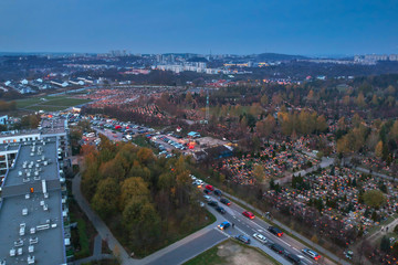 Aerial view of the Lostowicki cemetery in Gdansk at All Saints Day with thousands of candle lights, Poland