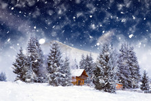 Wooden Cottage In A Fairy-tale Winter Landscape.