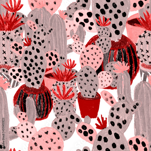 Creative seamless pattern with hand drawn cactuses in pots. Bright botanical ...