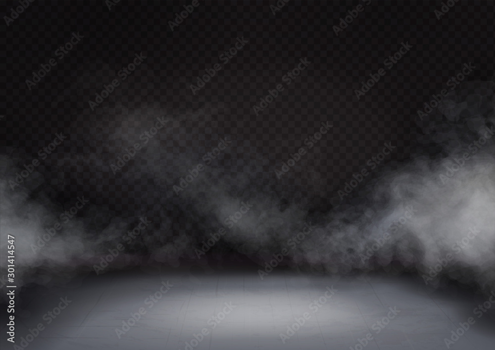 White fog or smoke on dark background. Cloud or mist texture on floor or ground. Realistic vector - obrazy, fototapety, plakaty 