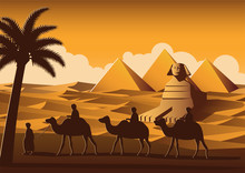 Caravan Of Camel Pass Pyramid,landmark Of Egypt On Sunset Time,yellow Color Style,vector Illustration