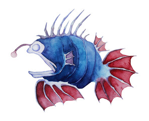 Watercolor realistic and detailed illustration of anglerfish