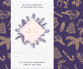 Wall Mural - Christmas vector banner template. Xmas decorative sketch pattern background layout. Winter season wishes trendy rhombus frame with Christmas Illustrations. December holiday greeting card design.