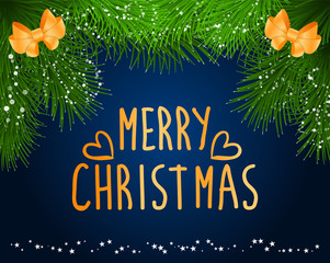 Merry Christmas caption on dark blue background. Winter decoration of fir branches, bows and snowflakes on it. Xmas celebration, traditional holiday illustration. Gold letters wish of happy fest