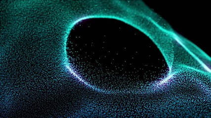 Poster - Blue and green illuminated particles in beautiful organic motion, forming a sphere of light. Depth of field settings. 3D rendering