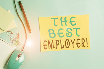 Word writing text The Best Employer. Business photo showcasing created workplace showing feel heard and empowered Cardboard and writing equipment with modern gadget above pastel backdrop