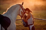 Girl love hourse. Woman and her horse on a sunset.