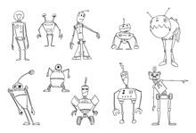 Vector Black And White Drawing Illustration Of Set Of Cute Funny Retro Robots Design. Coloring Book For Children.