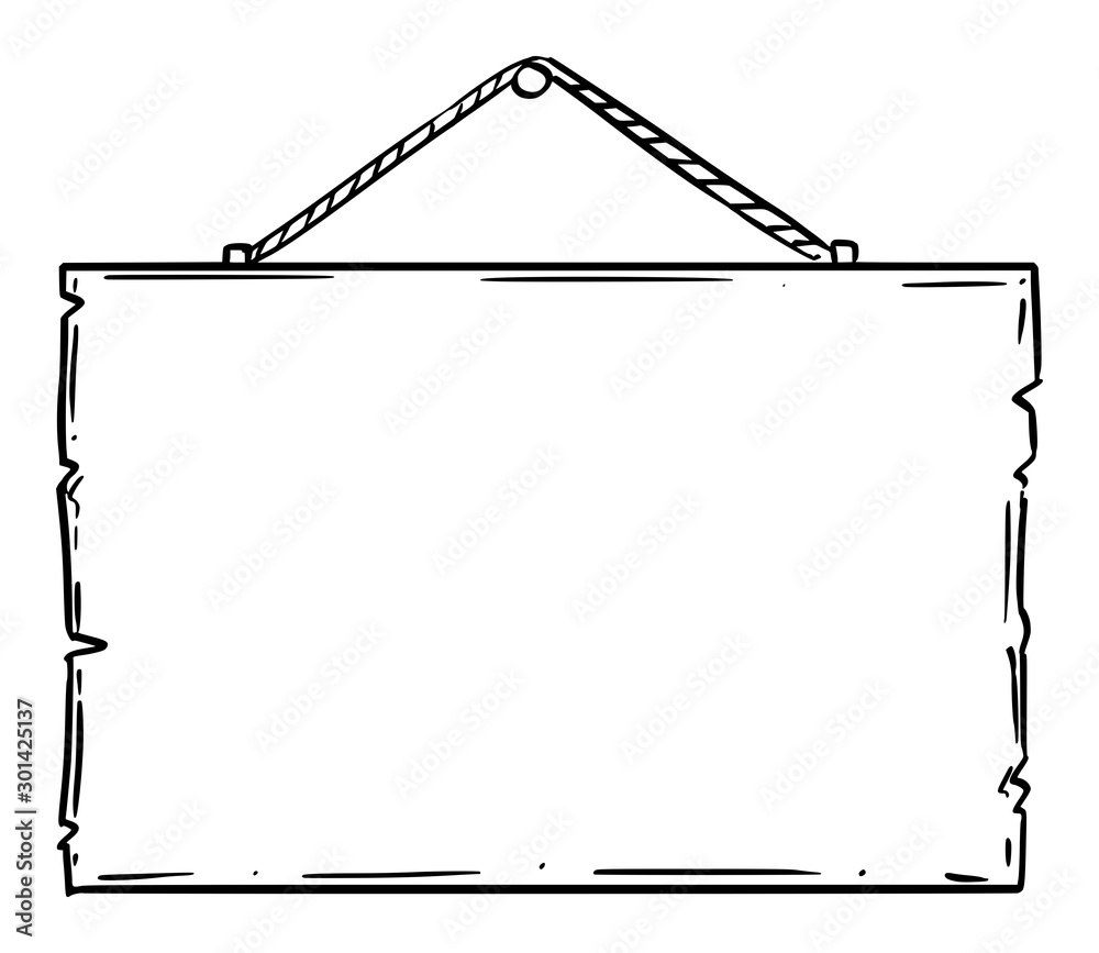 Vector black and white doodle hand drawing of empty or blank wooden sign  board on rope. Advertising design. Stock Vector | Adobe Stock, image size:1000x867