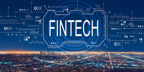 Fintech concept with downtown Los Angeles at night