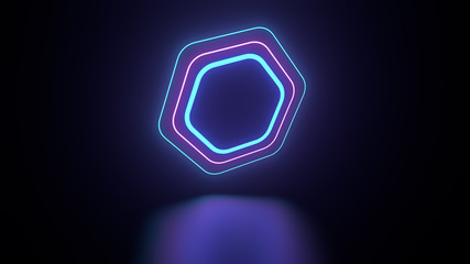 Poster - 3d render of neon gemetry above reflection floor. Glow neon objects.
