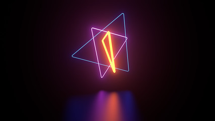 Poster - 3d render of neon gemetry above reflection floor. Glow neon objects.