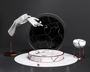 Aufkleber - Gold black white and marble textured round pedestal or platform and antique elements, podium concept product display background, 3d rendering.