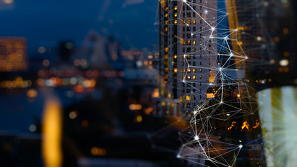 Fototapete - Wireless network and Connection technology concept with Abstract buildings and city background