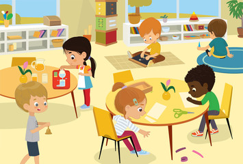 Montessori School Class. Vector illustrations of children in the playroom, boys and girls involved in Montessori activities, sew, make a collage, pour water, walking with the bell, and have fun. Kid's